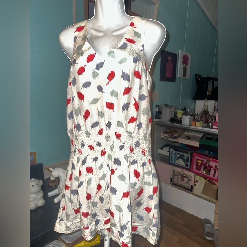 Girls' Sleeveless Leaf-Print Summer Dress - White with Red & Gray